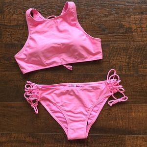 High Neck Strappy Pink Bikini